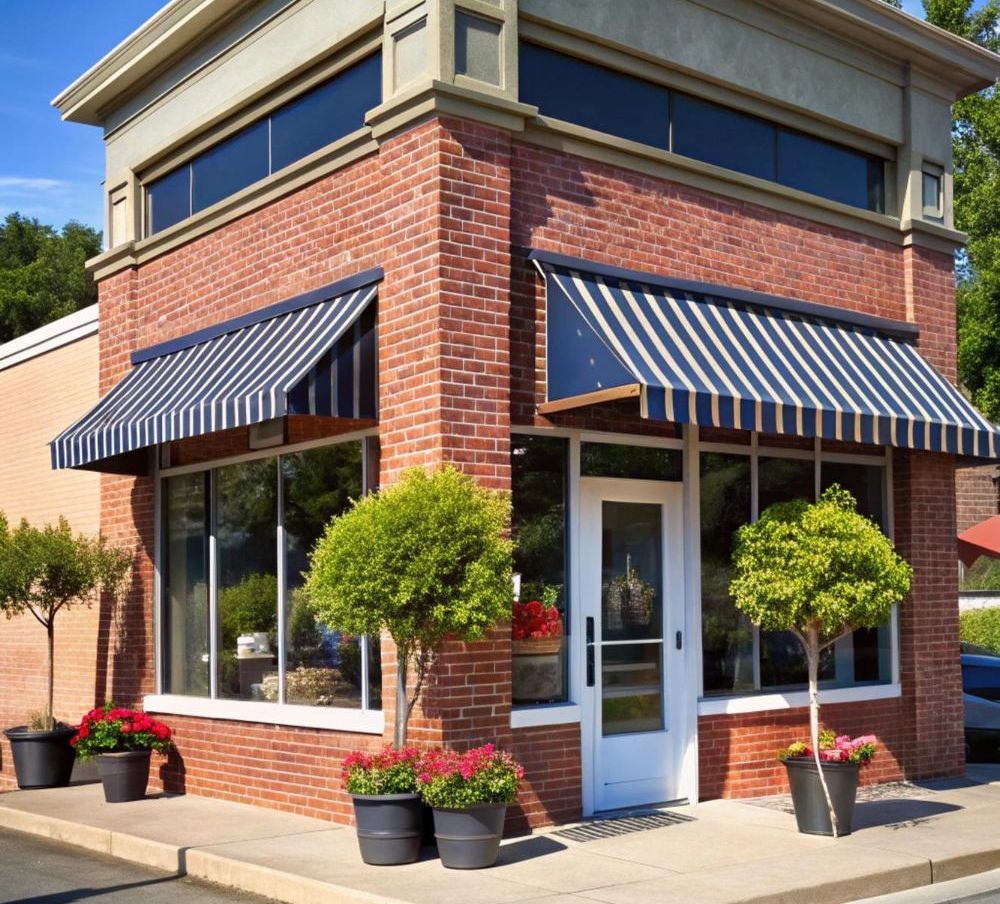 A brick building with a blue and white awning