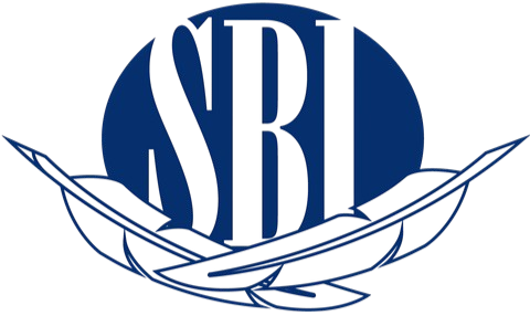 A blue and white logo for sbi with feathers and wheat.