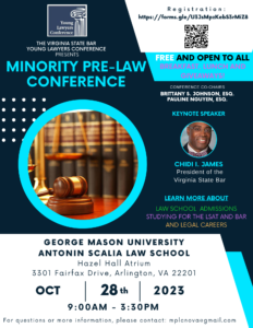 Poster for Minority Pre-Law Conference at George Mason University, Oct. 28, 2023