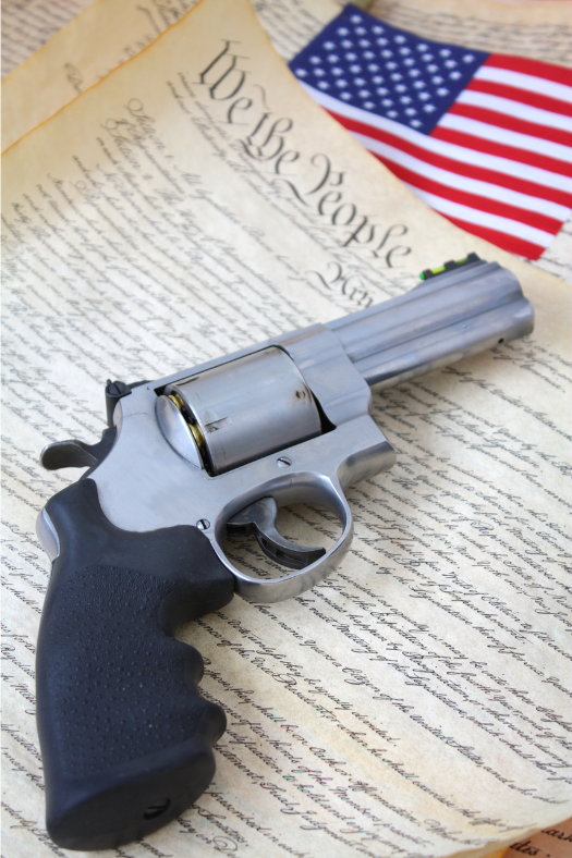 Silver revolver atop the US Constitution with American flag in the background.