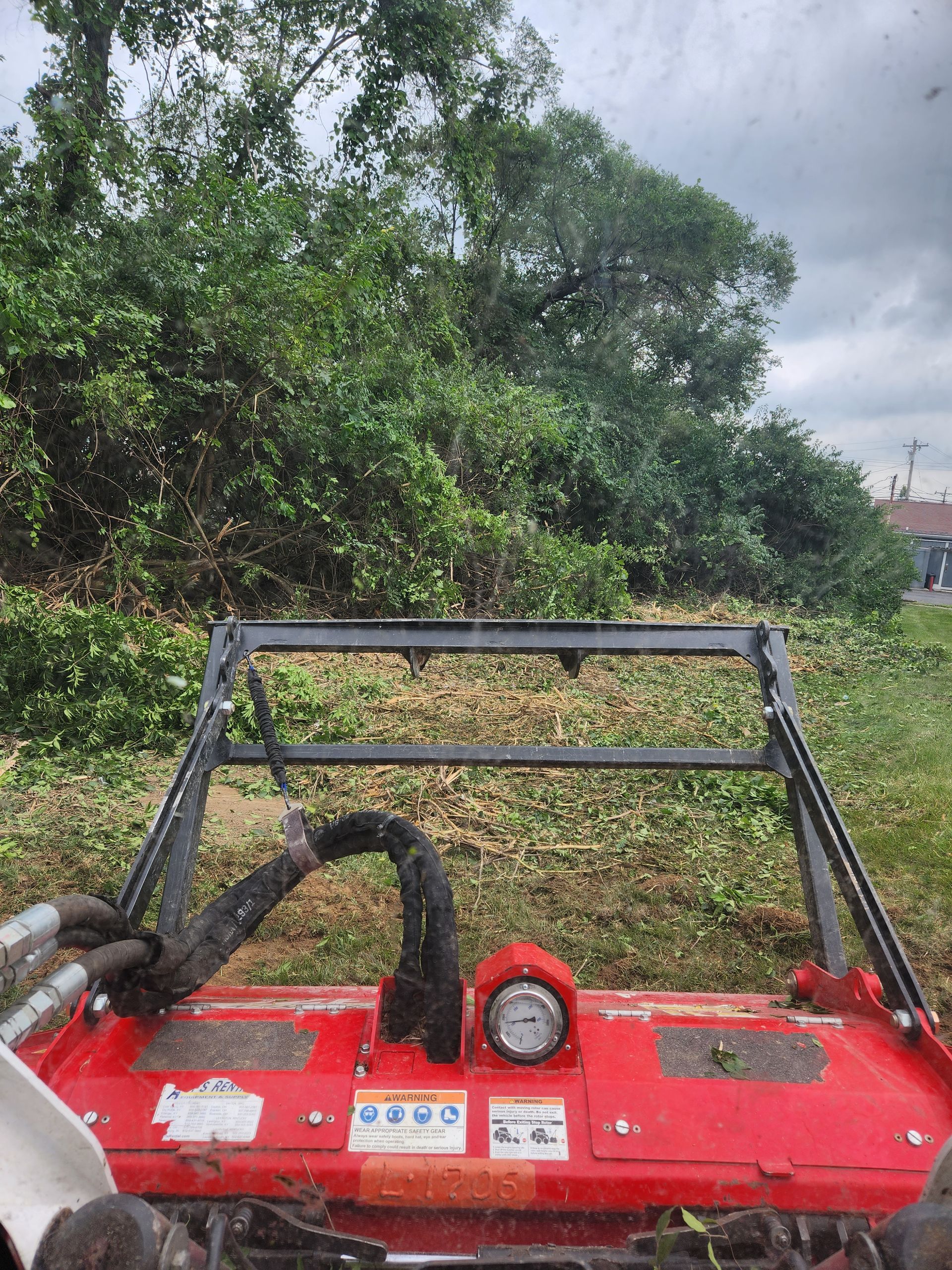 A red industrial brush cutter attached to a skid steer, clearing overgrown green vegetation in a field under a cloudy sky.