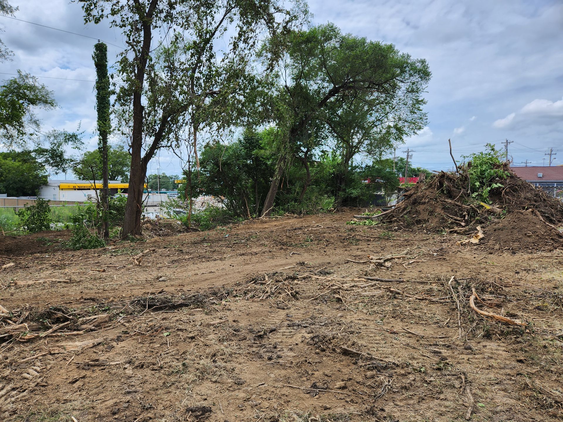 A clearing with dry, churned earth, a large pile of debris, and several green trees under a cloudy sky.