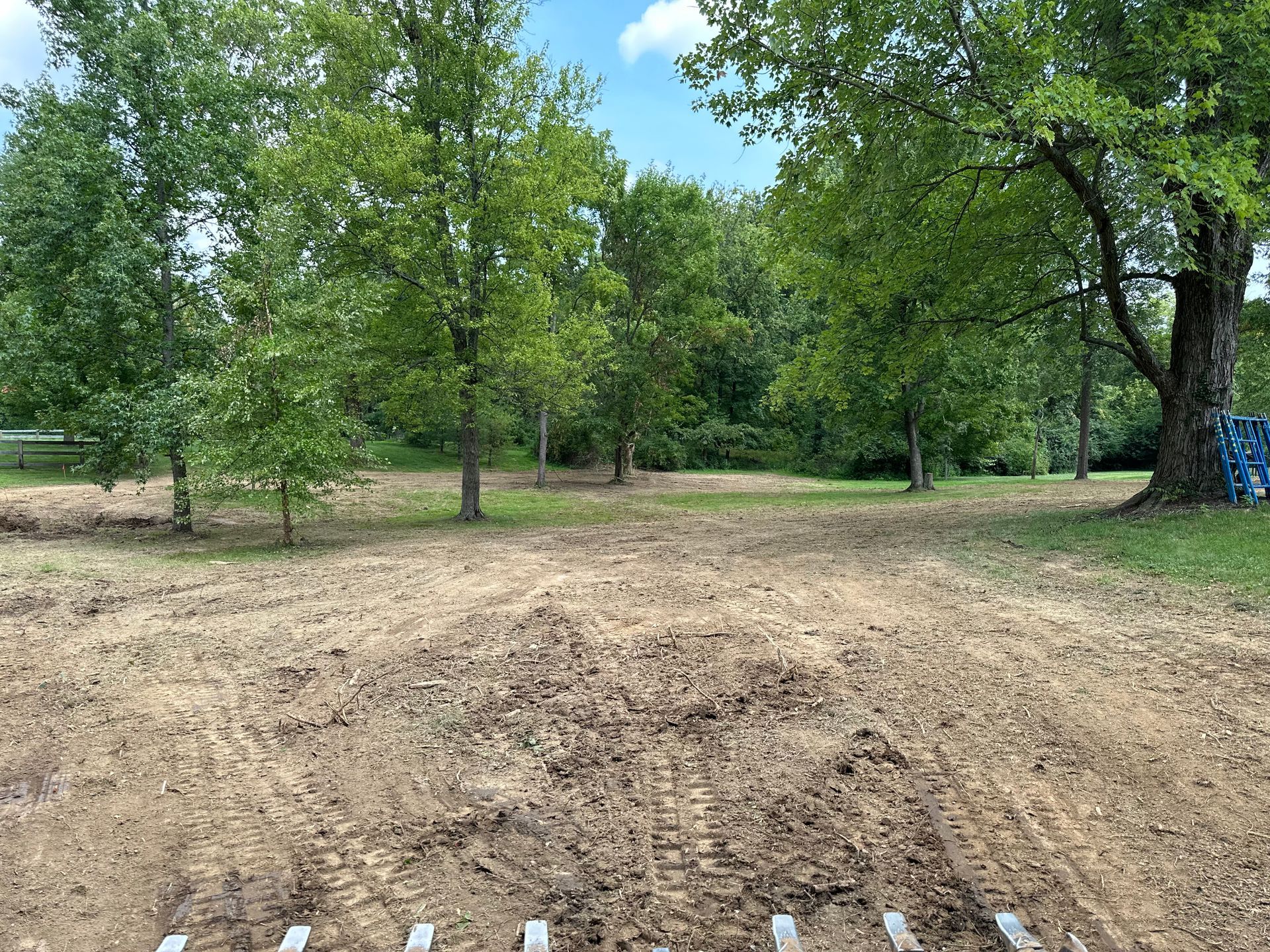 Freshly graded dirt area with tire tracks leading toward a cluster of green trees under a bright blue sky.