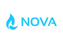 Blue flame logo with the word “NOVA” in blue text and faint “Heating & Plumbing” subtitle