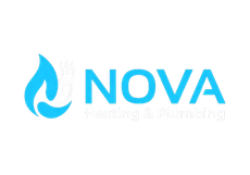 Blue flame logo with the word “NOVA” in blue text and faint “Heating & Plumbing” subtitle