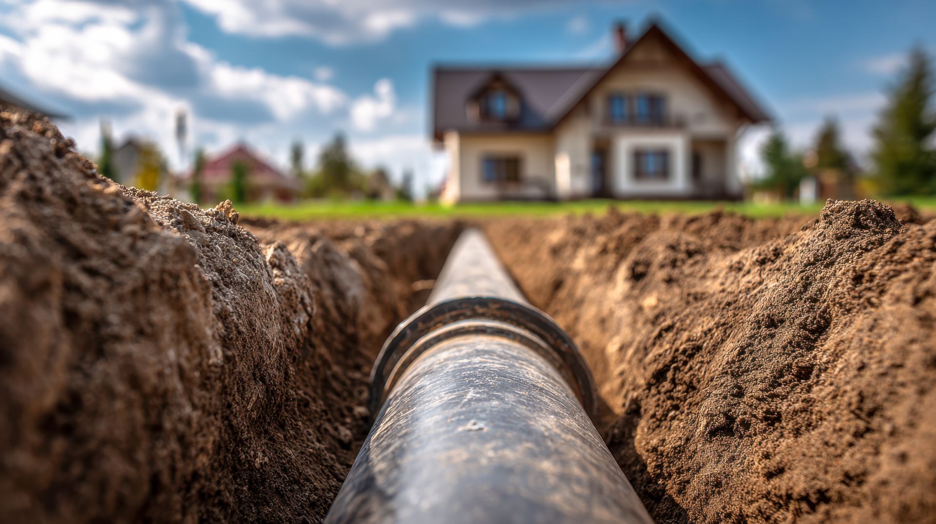 Exposed black pipeline in a trench leading toward a house under construction