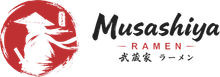 Musashiya Ramen logo with red circular emblem and black Japanese and English text on a white background
