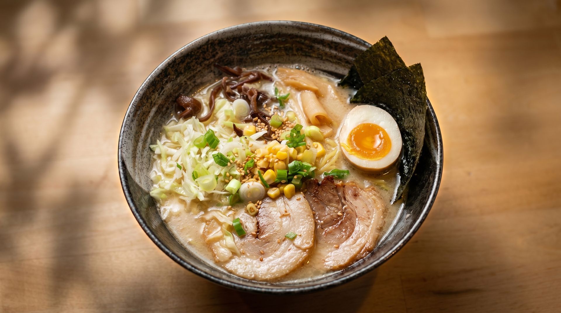 Steaming bowl of ramen with sliced pork, egg, corn, and scallions on a wooden table