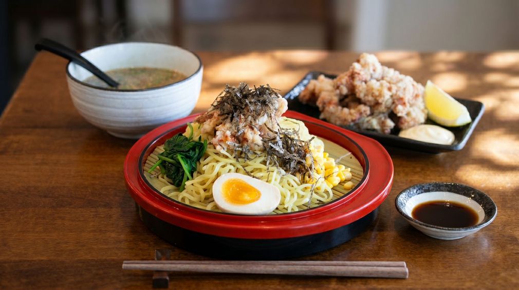 Japanese meal set with rice, fried egg, greens, and soup on a wooden table, with side dish and dipping sauce