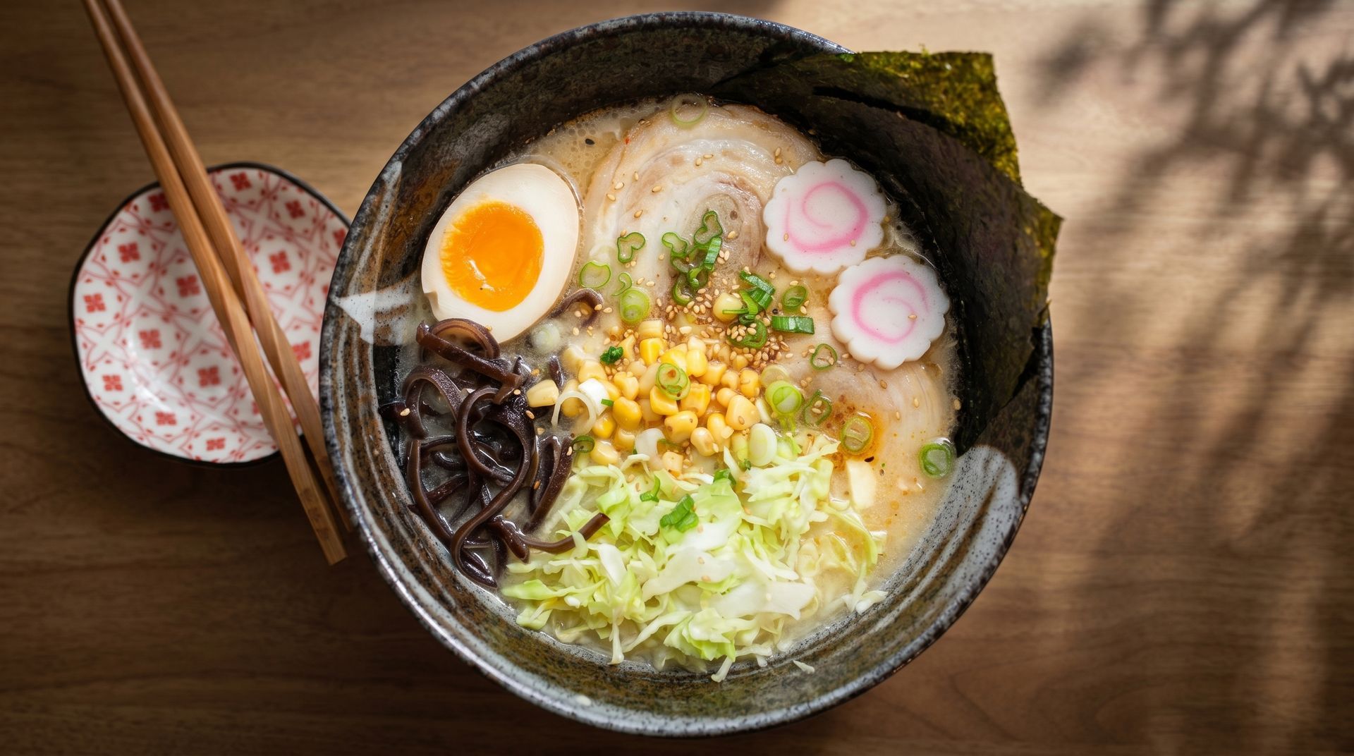 Top-down bowl of ramen with egg, corn, greens, mushrooms, and pink fish cake slices on a wooden table