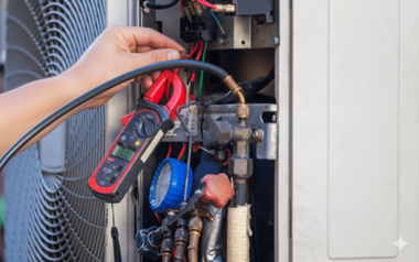 A person using a clamp meter to measure electrical current in an air conditioning unit.
