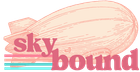 Pink blimp with "skybound" text overlayed; pastel stripes in background.