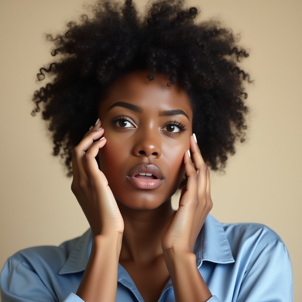 Woman with dark curly hair touching her face, looking surprised, light blue shirt, beige background.