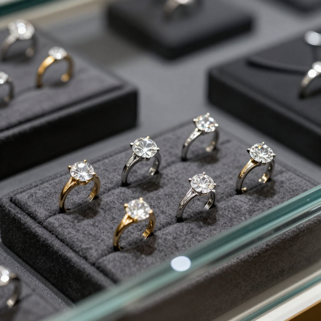 Fine jewelry displayed in a pawn shop case