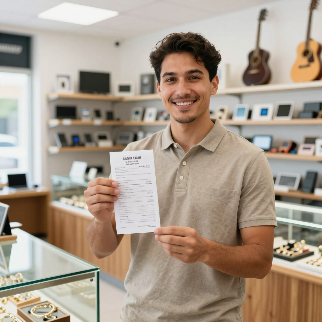 A smiling customer in a pawn shop holding paperwork after a successful transaction.