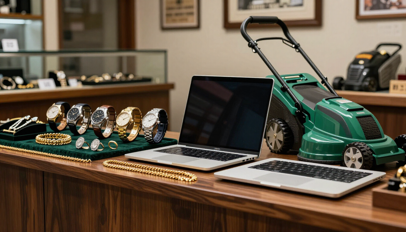 Common loan collateral including watches, gold, jewelry, laptops, and lawn equipment.