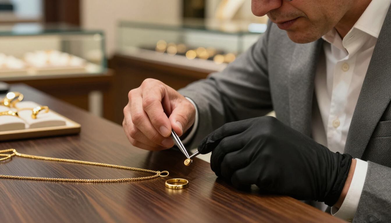 A pawn shop appraiser evaluating gold jewelry for a loan offer at the counter.