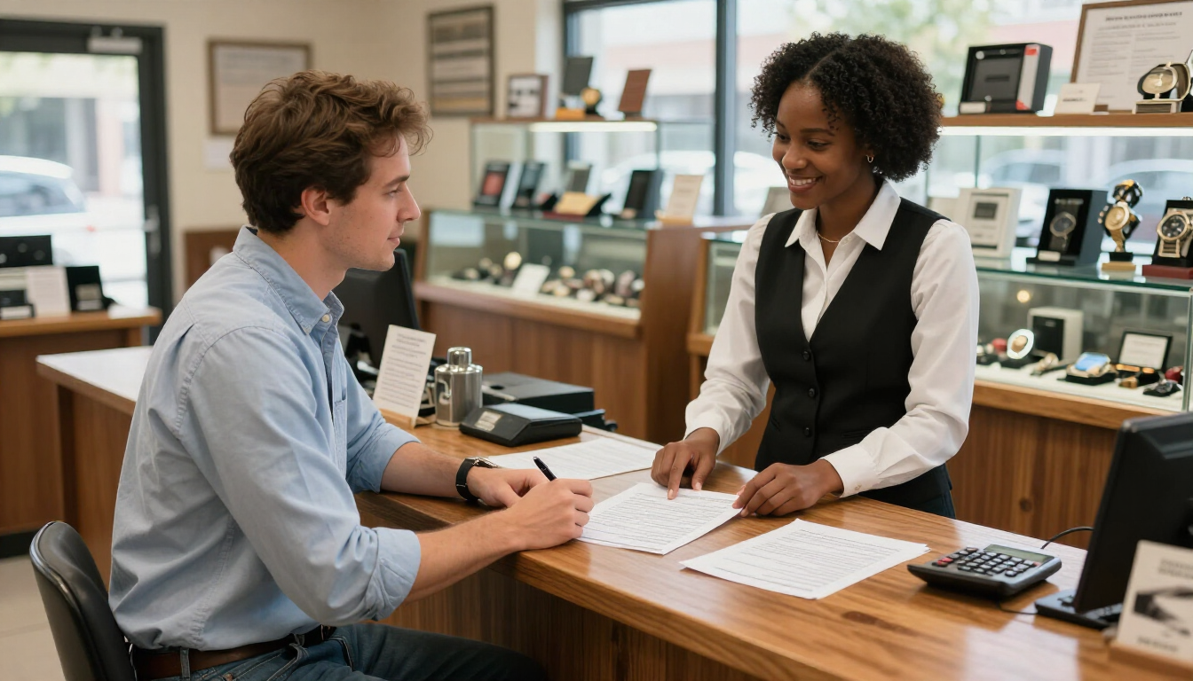 Customer reviewing pawn loan renewal terms with staff.