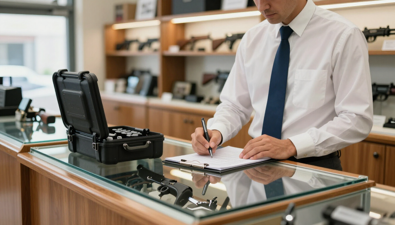 A secure loan evaluation for a firearm in a professional pawn shop.