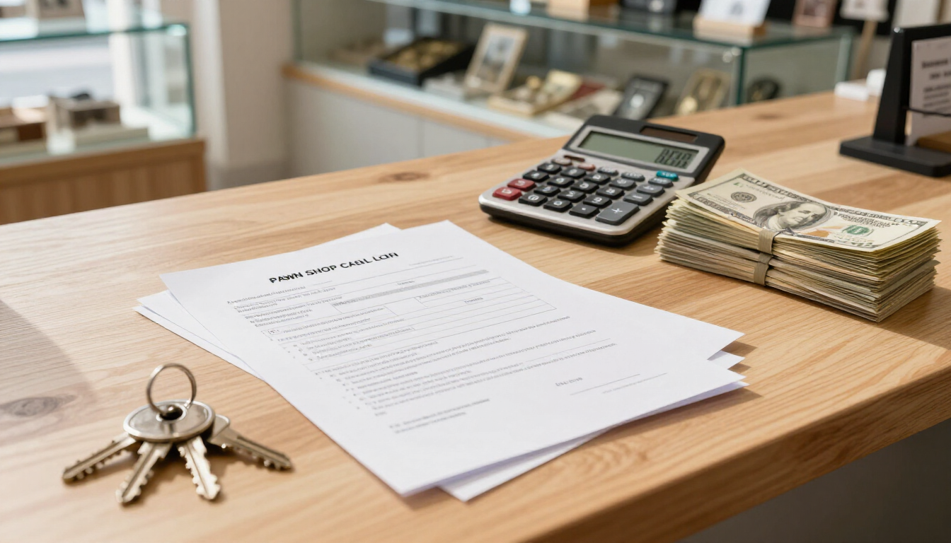 Paperwork and cash prepared for a pawn loan transaction.
