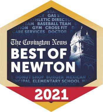 The Covington News “Best of Newton 2021” award badge in navy, gold, and red with courthouse silhouette.
