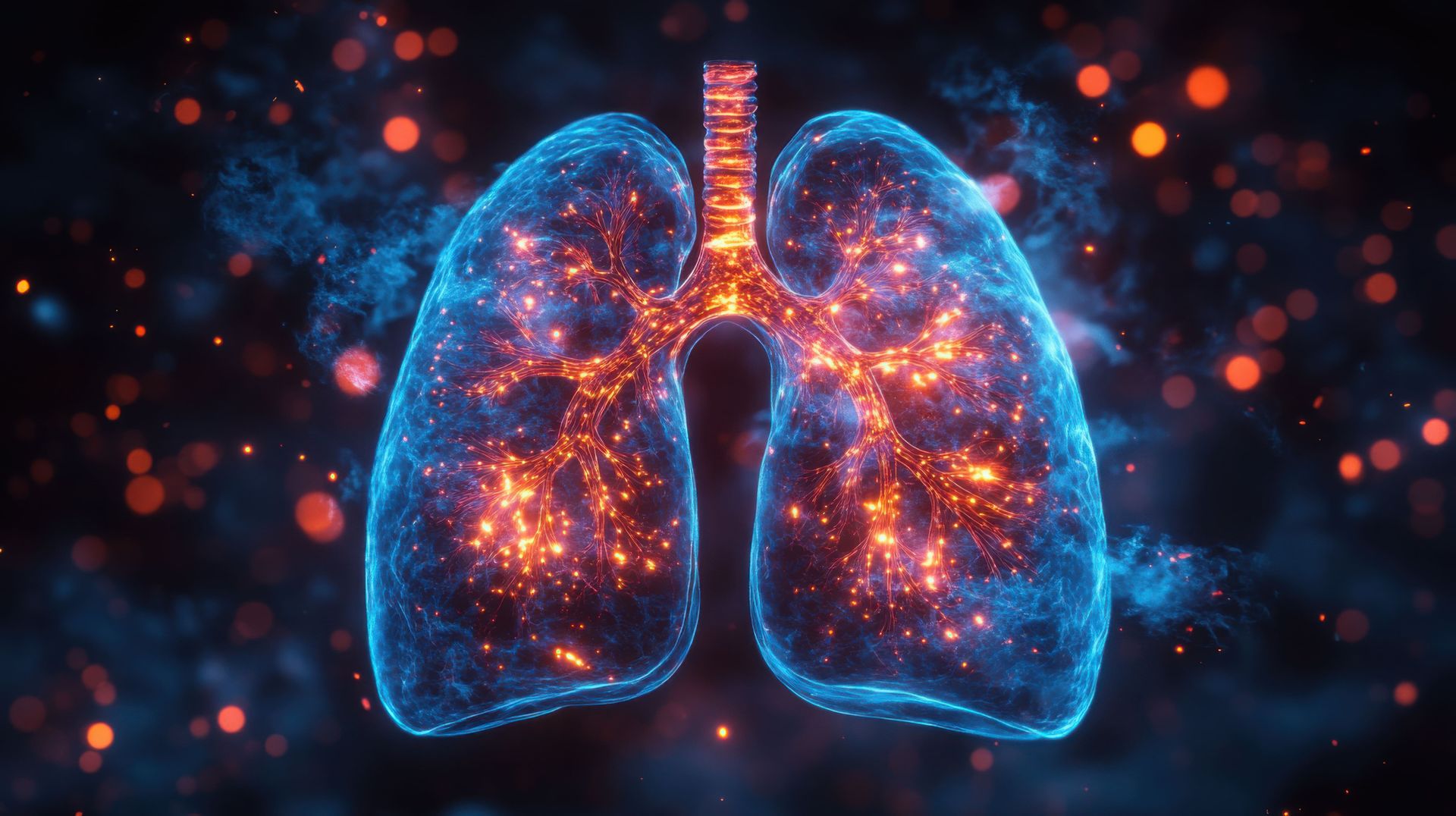 Uma imagem gerada por computador dos pulmões de uma pessoa cercados por partículas brilhantes.