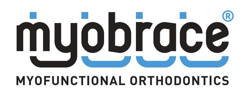 The logo for myobrace myofunctional orthodontics is blue and black.