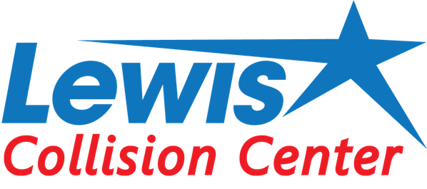 Lewis Collision Center logo with blue star and red italic text