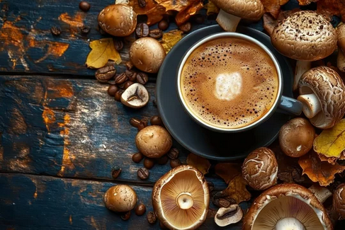 Coffee cup on saucer surrounded by mushrooms, coffee beans, and autumn leaves on a dark wooden table.