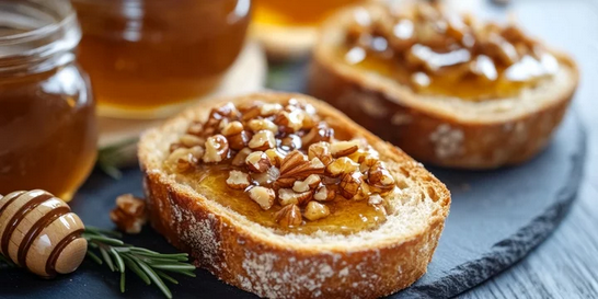 Toast topped with honey and nuts, near a jar of honey.