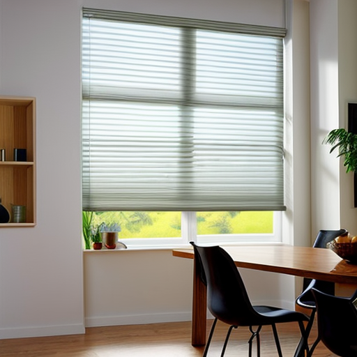Honeycomb blinds slightly pulled up on a kitchen window, with timber table surrounded by black kitchen stairs. H timber shelf on the wall and light timber flooring.