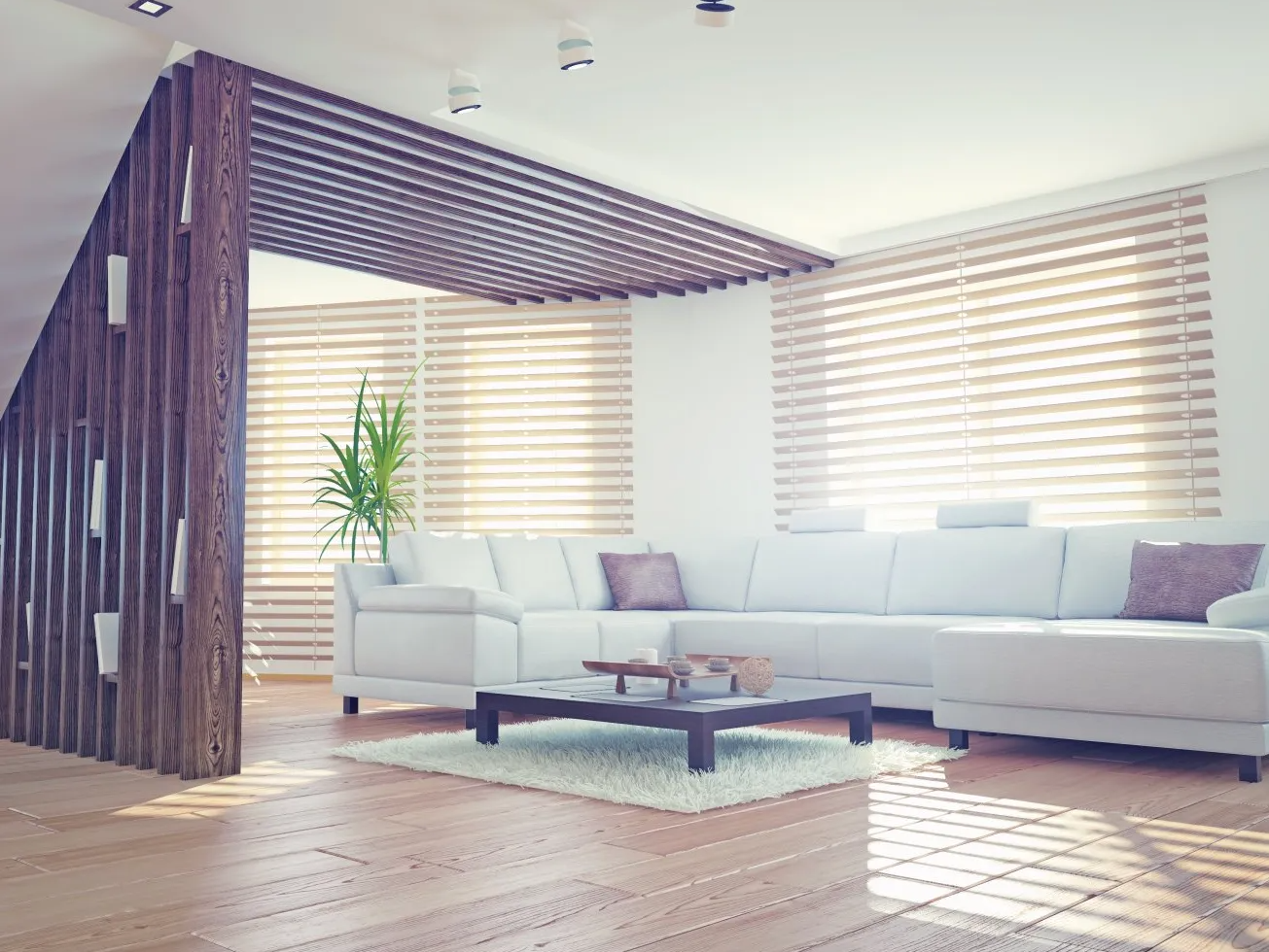 Sunlight shining through timber venetian blinds over white lounge and dark coffee table on white rug in loungeroom. Framed by architectural timber beams.