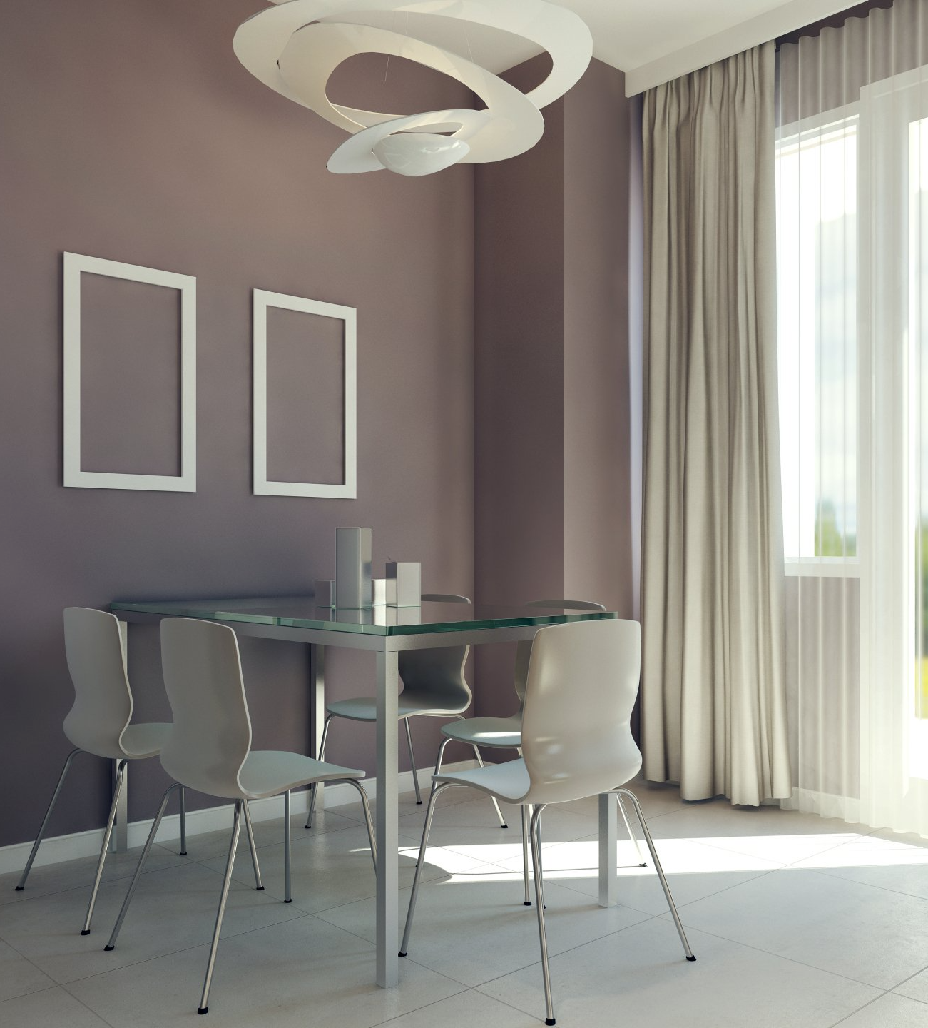 Modern kitchen chairs around square glass table, with modern picture frames and light fitting. Neutral curtains opened to reveal sheer under curtain.
