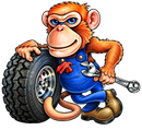 Cartoon monkey mechanic in blue overalls leaning on a tire with a wrench