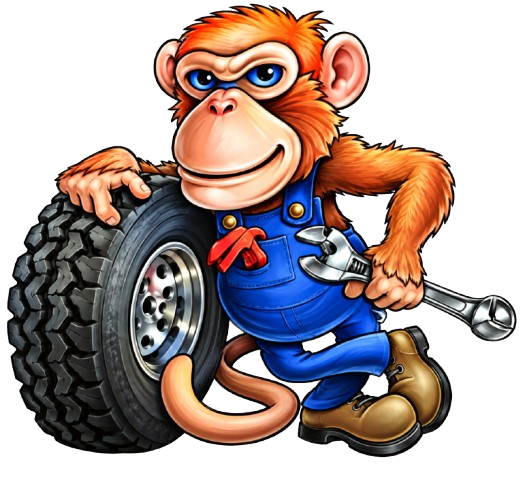 Cartoon monkey mechanic in blue overalls leaning on a tire with a wrench