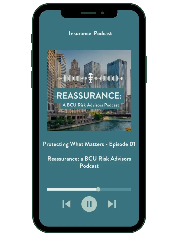 Phone screen showing an insurance podcast player titled “Reassurance: A BCU Risk Advisors Podcast.”