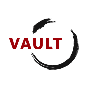 Red VAULT text beside a black brushstroke circular logo on a white background