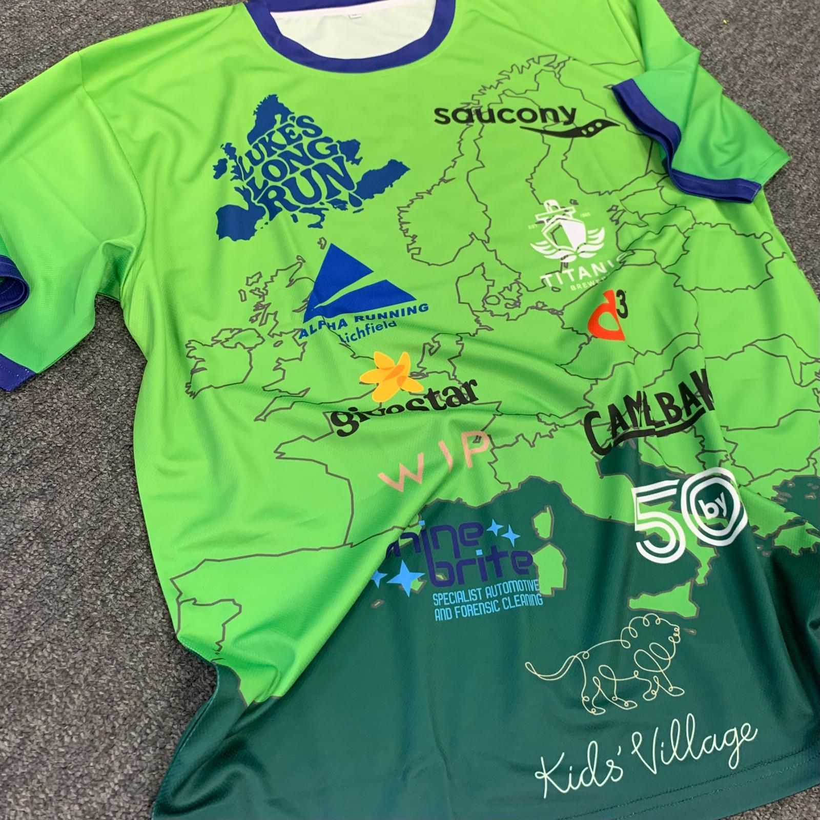 WhiteLodge Green and blue running shirt with a map of Europe and sponsor logos.