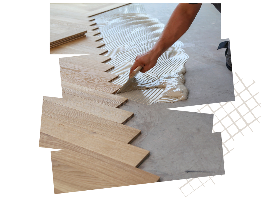 Person applying adhesive with a trowel to a concrete floor for installing hardwood flooring.