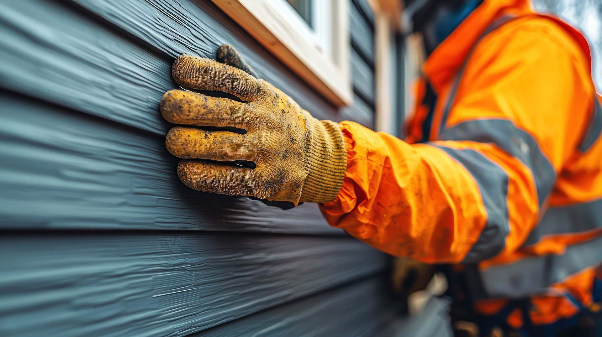 A man in an orange vest is installing house siding as a professional siding contractor.