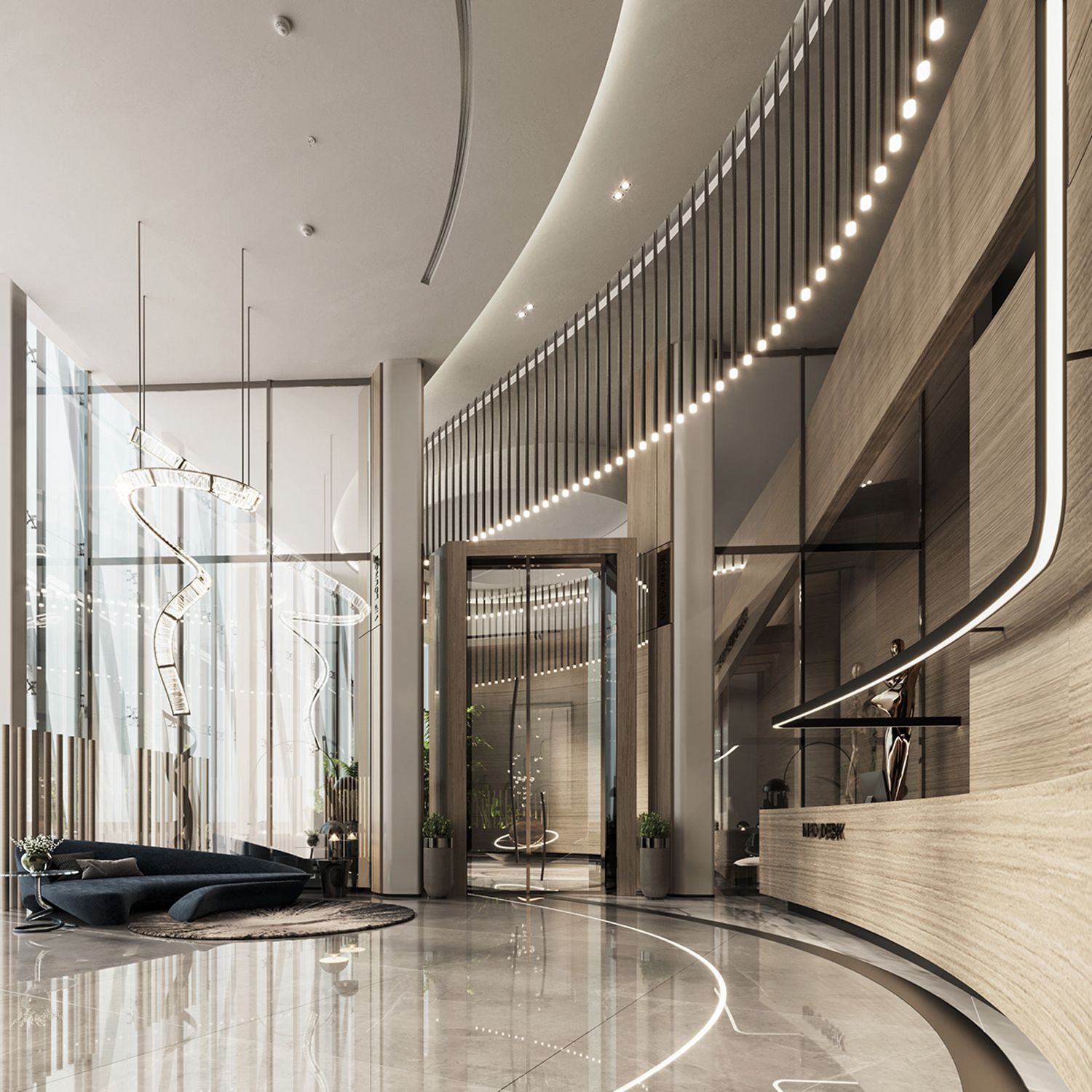 A modern, minimalist hotel lobby with high ceilings, curved wooden walls, a marble floor, and decorative pendant lights.
