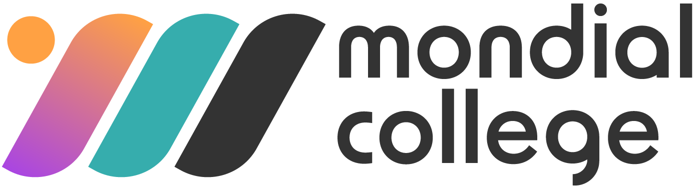 Logo van Mondial College: een veelkleurig abstract ontwerp met de woorden