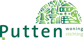 Logo van Putten woning stichting met groene tekst en een groen ontwerp van diverse objecten.