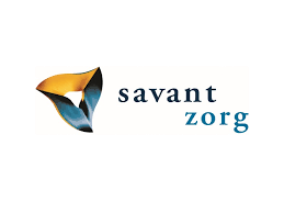 Savant zorg-logo: Abstracte vorm in goud en blauw naast de tekst