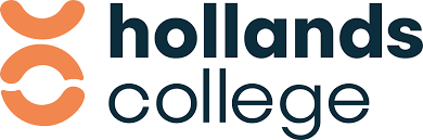 Logo voor Hollands College; oranje abstracte vormen en donkerblauwe tekst.