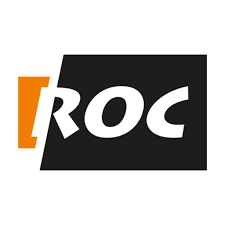 Het ROC-logo bestaat uit oranje en zwarte geometrische vormen en witte letters.