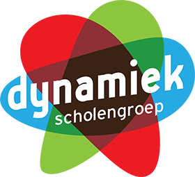 Logo voor Dynamiek Scholengroep, met overlappende kleurrijke vormen en witte tekst.