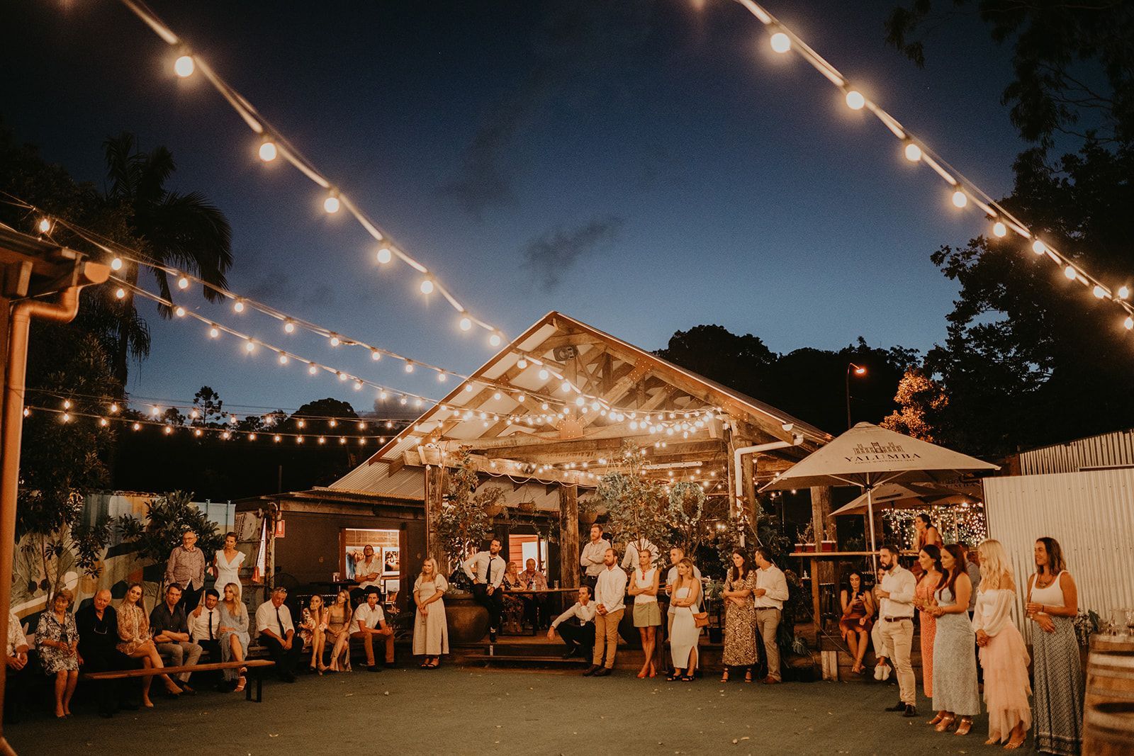 Pomona Distillery Noosa wedding venue all lit up