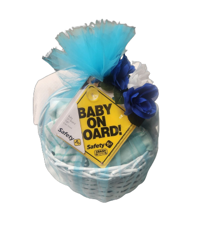 A basket with a tag that says baby on board