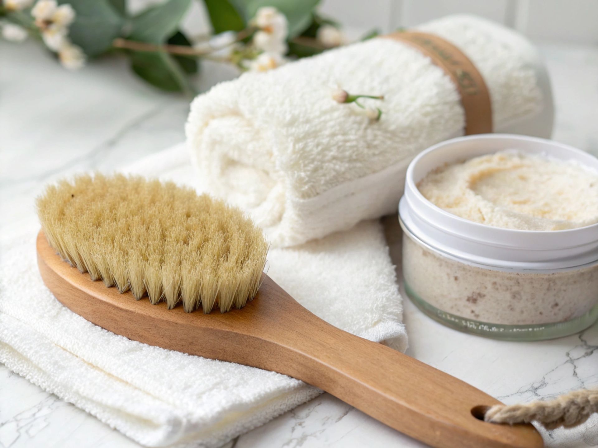 Bath accessories on white towels: wooden body brush, rolled towel, and open cream jar